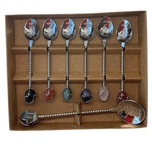 Vintage Estilo Gemstone Agate Spoon Set 7 Piece Set Twisted Handle Brazil Map